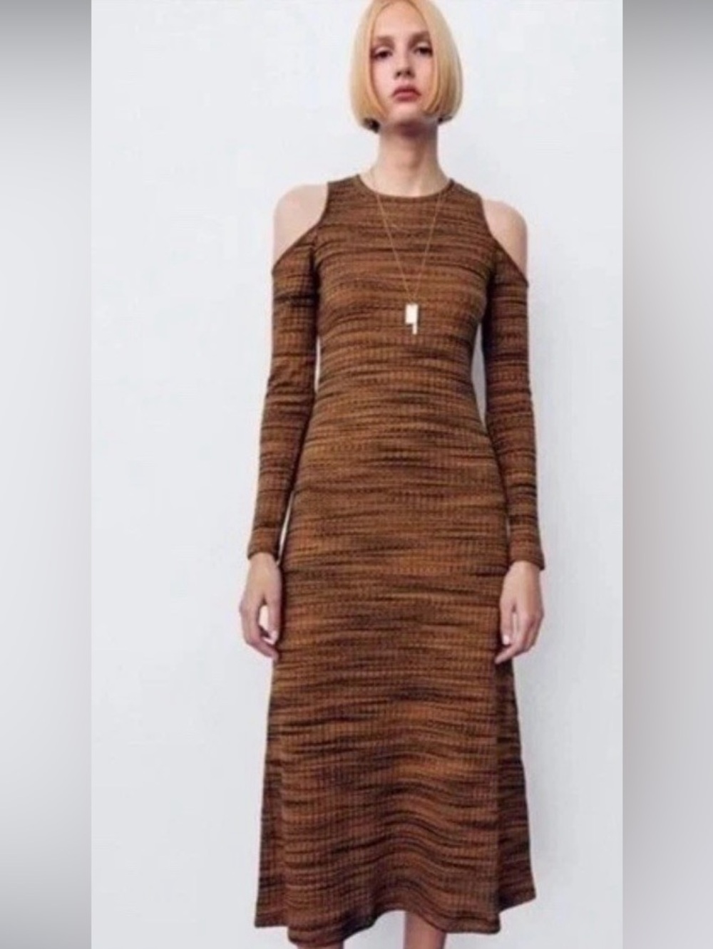 ZARA Brown Ribbed Cold-Shoulder Maxi Dress
